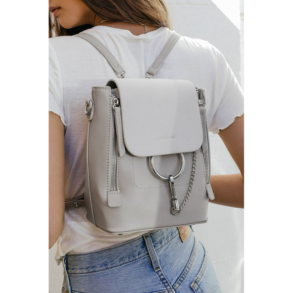 Lulus Handbags - Lulus Sidewalk Stunner Gray Vegan Leather Ring Zip Backpack Bag, EUC